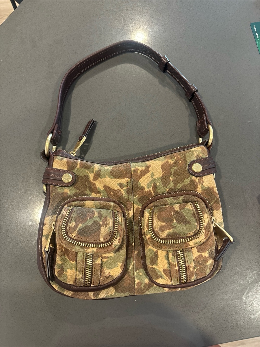 B. Makowsky Dina Patchg Pocket Camo Leather Hobo Bag